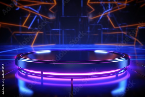Empty stage, podium, place for product, Colored neon lights, 3d rendering image, Blurred reflections on the floor, Place to present a product, 3d rendering image