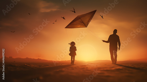 dark silhouette image of a happy family flying a kite . 