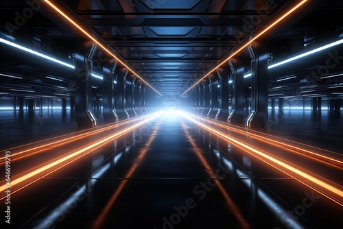Futuristic Sci Fi White Neon Glowing Line Lights In Empty Dark Room With Concrete Floor WIth Reflections And Empty Space For Text 3D Rendering Illustration