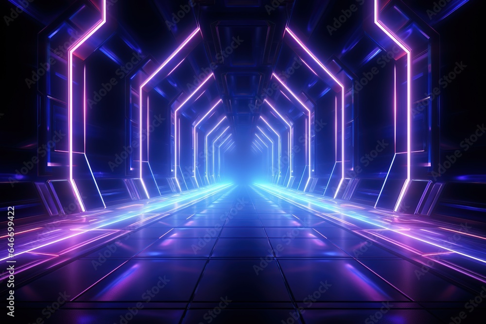 Psychedelic Abstract Futuristic Neon Fluorescent Sci Fi Vibrant Purple Blue Glow Laser Showcase Stage Dark Room Retro Modern Virtual Background Spaceship Corridor Tunnel Shapes 3D Rendering