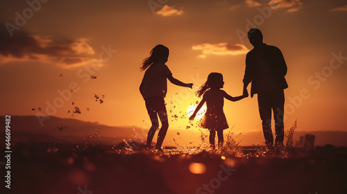 dark silhouette image of a happy family playing . 