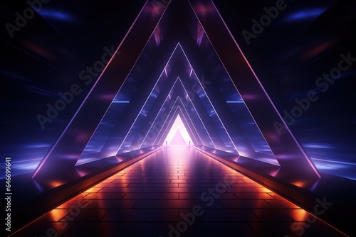 3d render, Geometric figure in neon light against a dark tunnel, Laser line glow, Neon backgrounds