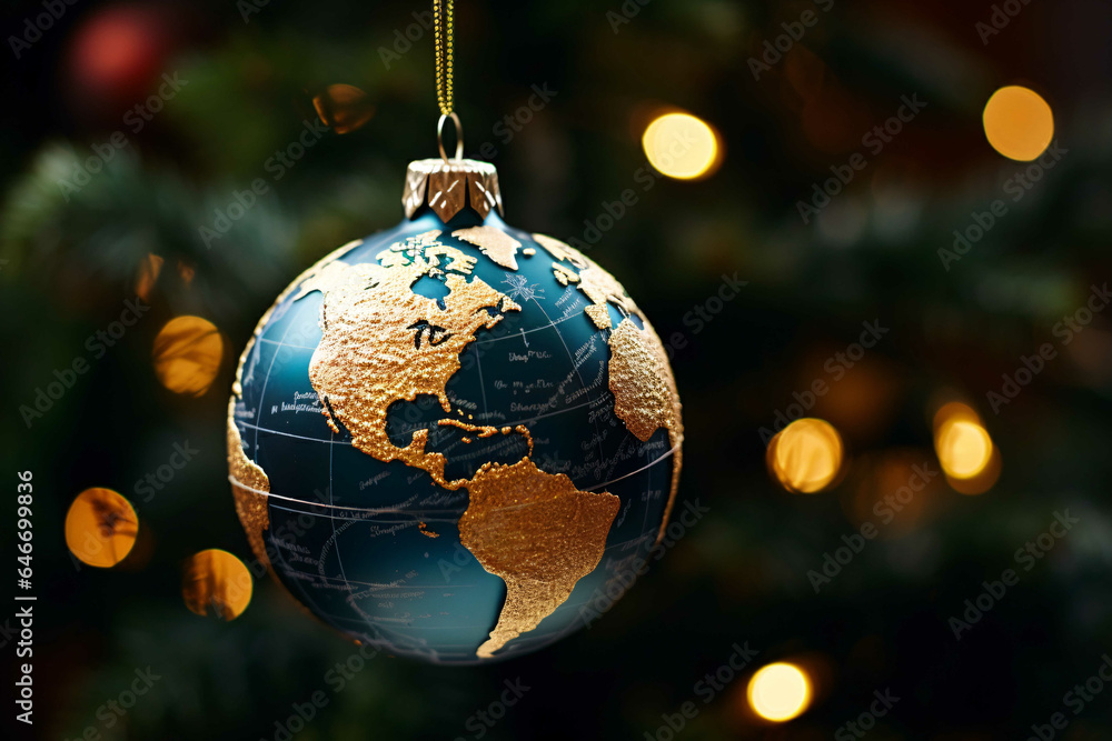 A Mesmerizing Close-Up View of a Christmas Bauble Shaped Like a Globe, Radiating Festive Charm and Global Celebration - obrazy, fototapety, plakaty 