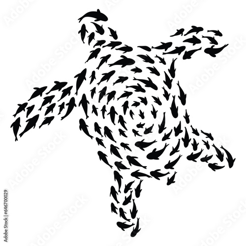 Fish school or shoal, vector silhouette. Shoal of fishes isolated on white. Sea fishes group in ocean or marine water. Illustration of colony small fish