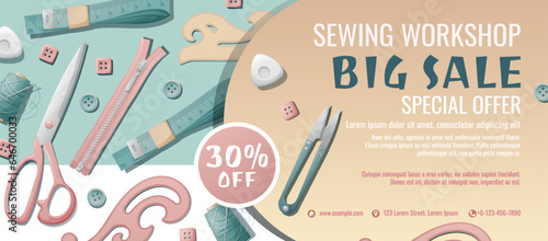 Banner template for sewing workshop. Discount coupon with sewing items. Pattern, template, buttons, thread. Poster for sewing courses, schools, shops, ateliers. Discounts on products and services
