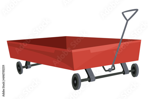 Garden cart cartoon or farm wheelbarrow icon. Gardening, farming concept. Equipment of garden cart or garden wagon, vector illustration on white background