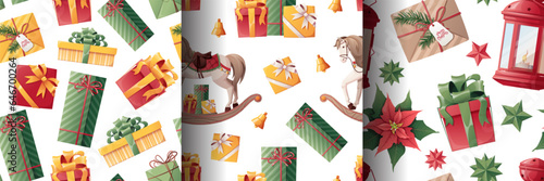 Set of seamless patterns for Christmas. Texture with holiday gift boxes, rocking horse, bows, lantern. Great for wallpaper, wrapping paper, fabric, textiles, etc.