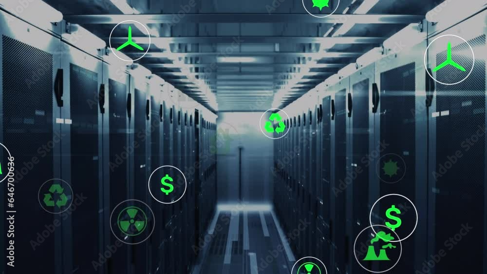 Animation of icon in circles over bars on data server racks in server room Animation of icon in circles over bars on data server racks in server room