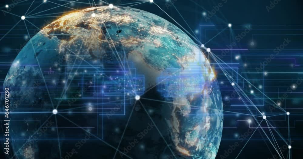 Animation of rectangles, numbers and connected icons around globe over abstract background Animation of rectangles, numbers and connected icons around globe over abstract background