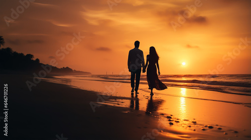 dark silhouette image of a lovely couple go on a beach . 