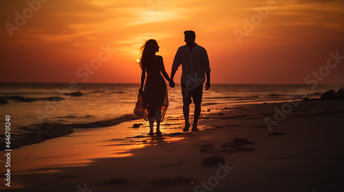 dark silhouette image of a lovely couple go on a beach .  © 92ashrafsoomro