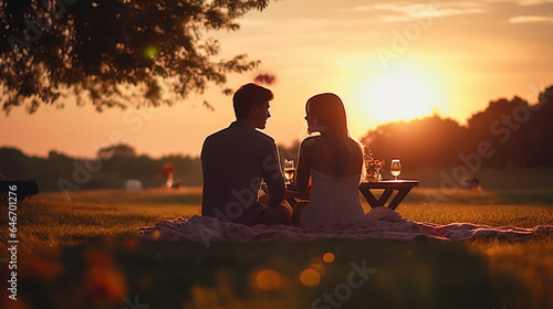 dark silhouette image of a lovely couple go on a picnic . 