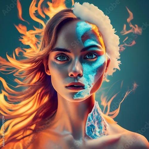 Portrait of woman half fire and frozen concept creative