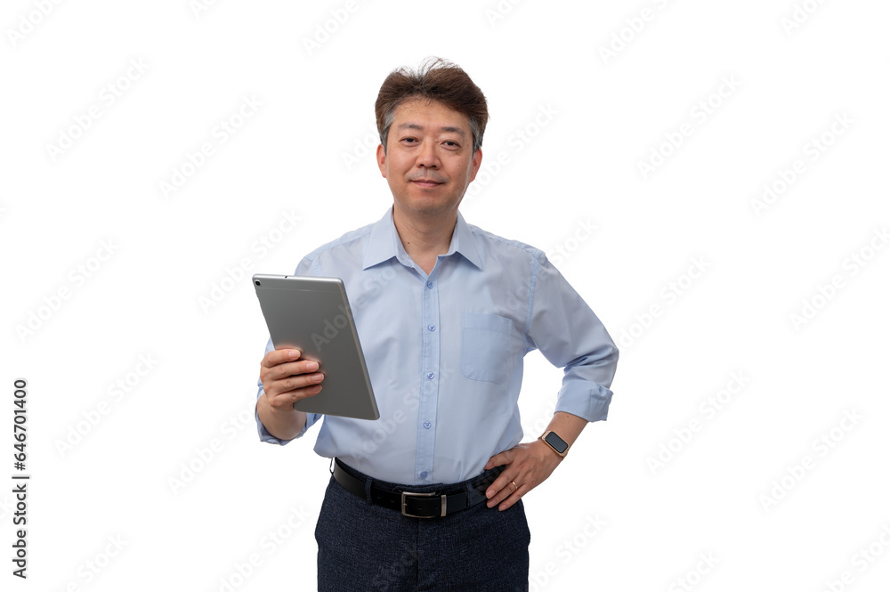 Portrait of a middle-aged Asian male businessman in his 50s wearing a blue shirt Portrait of a middle-aged Asian male businessman in his 50s wearing a blue shirt