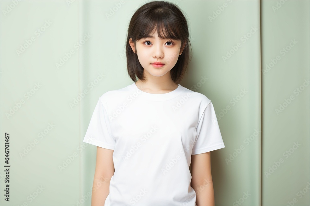 白いシャツを着て壁の前に立つ日本人の女性(アジア人・ファッションモデル・正面・モックアップ) 白いシャツを着て壁の前に立つ日本人の女性(アジア人・ファッションモデル・正面・モックアップ)