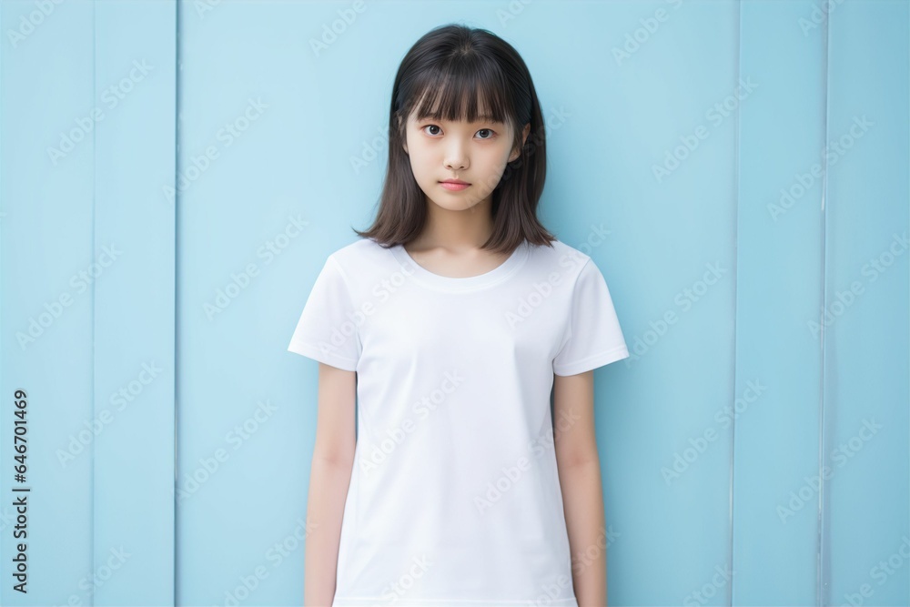 白いシャツを着て壁の前に立つ日本人の女性(アジア人・ファッションモデル・正面・モックアップ) 白いシャツを着て壁の前に立つ日本人の女性(アジア人・ファッションモデル・正面・モックアップ)