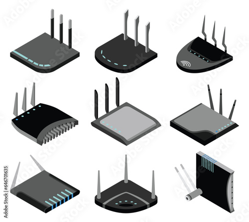 Router isometric icons set. Vector wifi routers, internet modem for web design isolated on white background photo