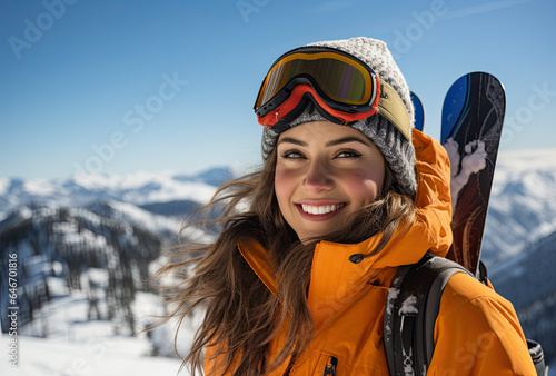 female skier smiling and holding skis in Winter mountain