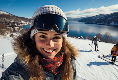 female skier smiling and holding skis in Winter mountain