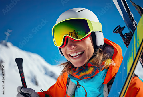 female skier smiling and holding skis in Winter  mountain
