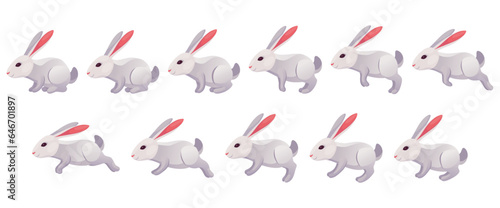 Rabbit animation icon set. Bunny jump or animated running motion cycle for 2d game. Speed run hare animal, sprite sheet different move. Vector illustration isolated on white background