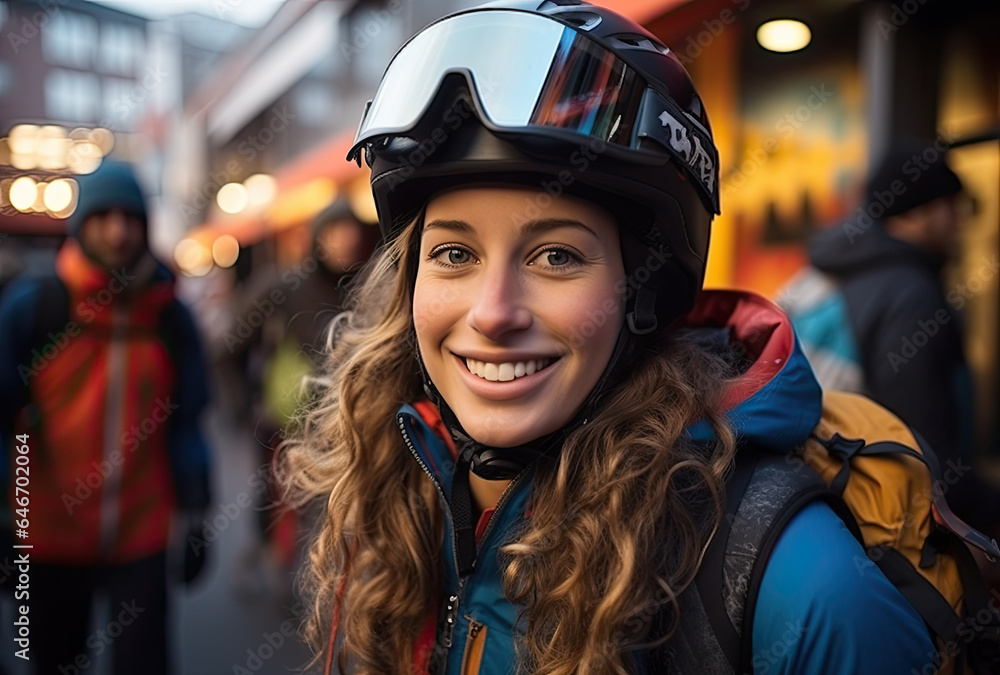 female skier smiling and holding skis in Winter mountain female skier smiling and holding skis in Winter mountain