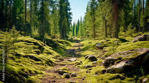Empty pathway in a coniferous forest covered of green moss