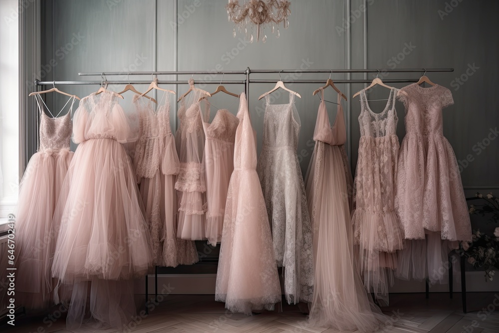 Fototapeta premium The bridal and evening dress boutique showcases fashionable, elegant dresses that embody bridal beauty and style in a luxurious setting.