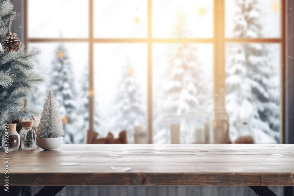 Obraz premium Empty wooden table on the background blurred winter holiday background.The background can be used for mounting or displaying your products.
