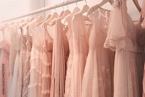 Luxurious collection of clothes, elegant pink dresses in a pristine and fashionable setting.