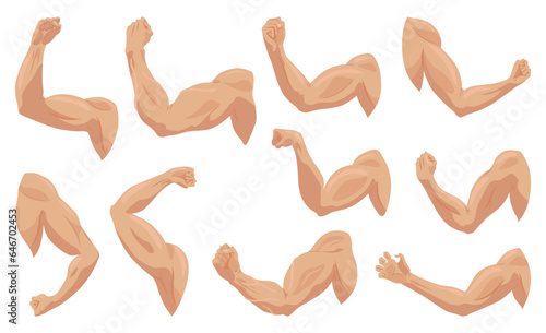Male biceps muscles icons set. Sportsman arm with strong biceps. Vector symbol of healthy power. Athletic body with tense muscles hand isolated onwhite background