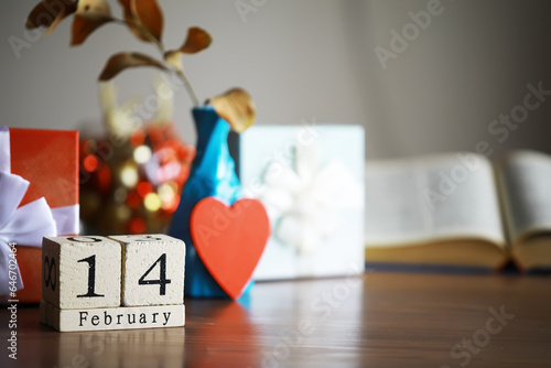 Wooden calendar show of February 14 with red heart