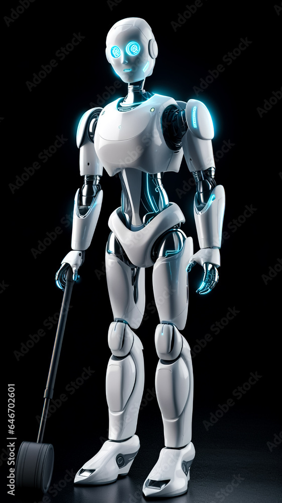 Humanoid robot holding a broom for cleaning, generative AI.