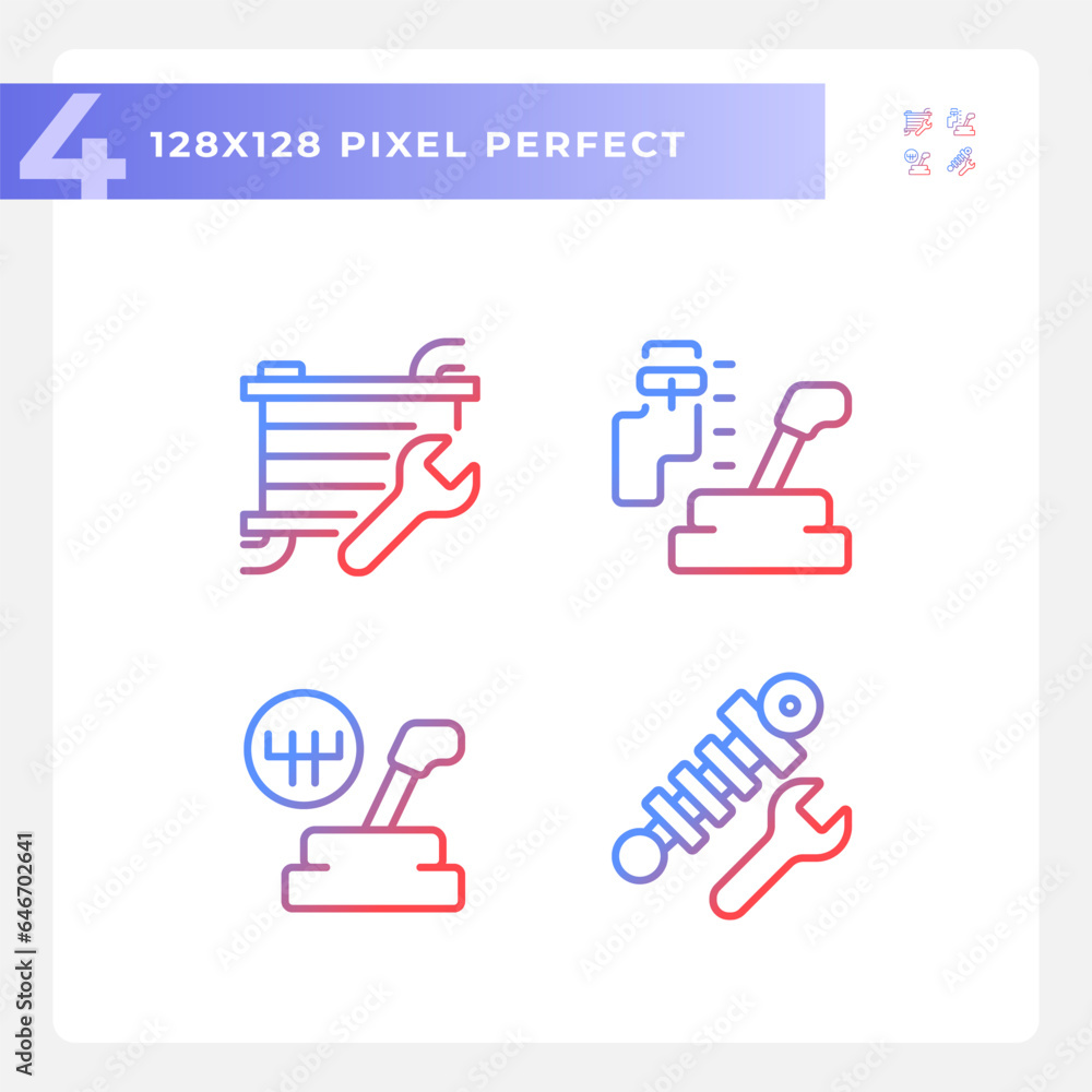 Pixel perfect gradient icons set representing car repair and service, thin line illustration. Pixel perfect gradient icons set representing car repair and service, thin line illustration.