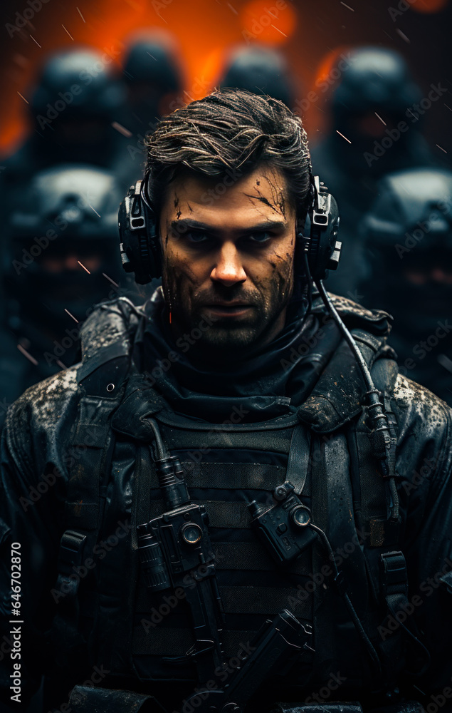 A man with headphones leading a group of soldiers in a military operation A man with headphones leading a group of soldiers in a military operation