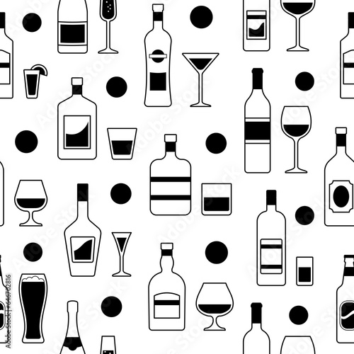 Alcohol bottles and glasses seamless pattern. Set black icons beverages isolated on white background in flat design. Vector illustration. Alcoholic drinks with wineglasses.