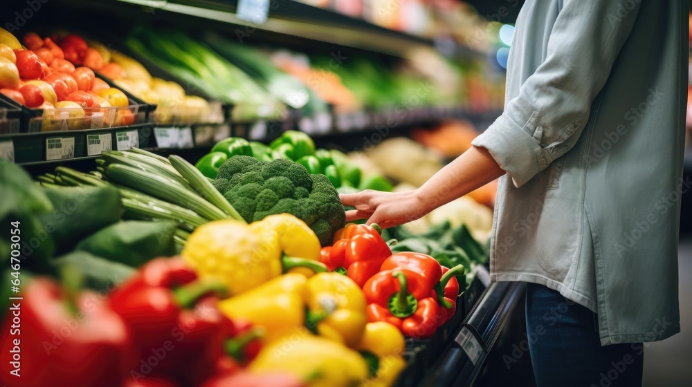 Closeup candid photograph of a woman shopping for groceries fruits and vegetables in a grocery supermarket store aisle Closeup candid photograph of a woman shopping for groceries fruits and vegetables in a grocery supermarket store aisle