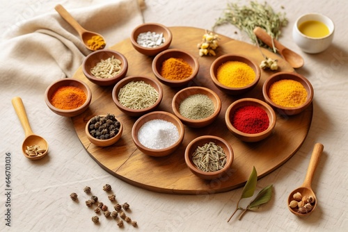 set of small dishes with Asian spices, used in traditional Indian Ayurvedic medicine.
