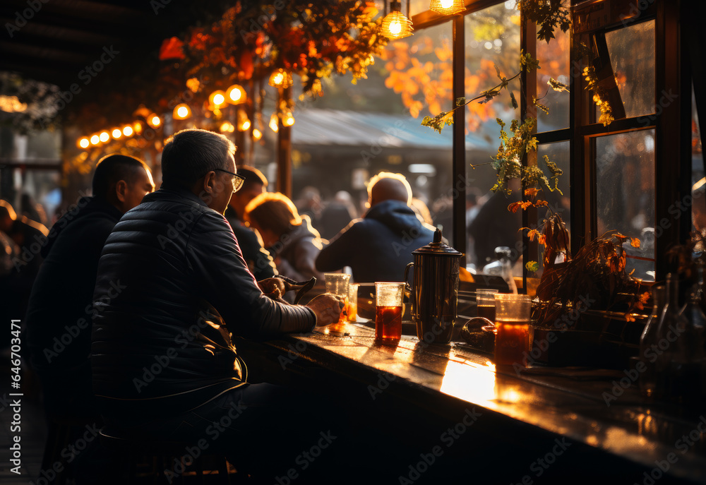 People socializing at a bar. People enjoying drinks and conversation at a lively bar
