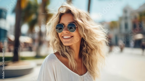 Happy and Stylish: Woman on vacation wearing Trendy Glasses Outdoors