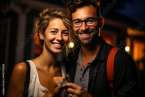 A man and woman taking a picture together. Photo of married couple smiling together holding