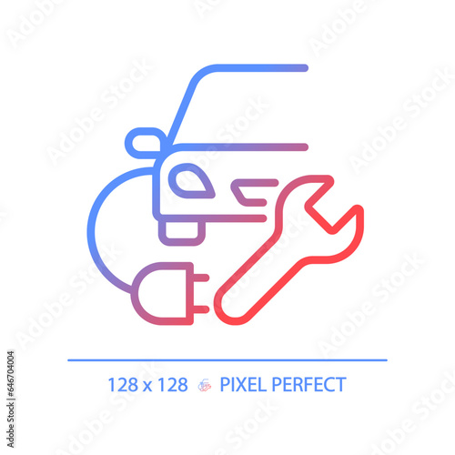 2D pixel perfect gradient electric car charging icon, isolated vector, thin line illustration representing car service and repair.