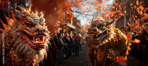 Dragon Dance: Vibrant dragon dancers parade through the streets, symbolizing power and luck. Generated with AI