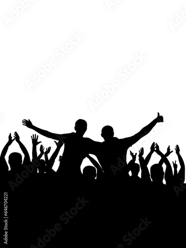 Crowd of people, vertical banner. Music or sport fans, cheerful people. Vector illustration.