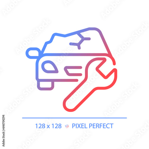 2D pixel perfect gradient car damage icon, isolated vector, thin line illustration representing car service and repair.