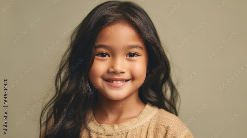 A joyful little brunette girl, donning neutral attire, showcases a beaming toothy grin against a beige studio background. Generative AI A joyful little brunette girl, donning neutral attire, showcases a beaming toothy grin against a beige studio background. Generative AI