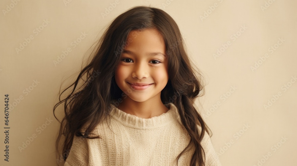 A cute, happy young girl with brown hair, dressed in neutral clothing, poses with a wide smile against a beige studio backdrop. Generative AI A cute, happy young girl with brown hair, dressed in neutral clothing, poses with a wide smile against a beige studio backdrop. Generative AI