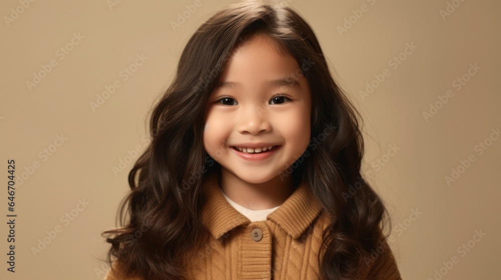 Portrait of a cheerful brunette child in neutral clothing, displaying a radiant toothy smile against a beige studio setting. Generative AI Portrait of a cheerful brunette child in neutral clothing, displaying a radiant toothy smile against a beige studio setting. Generative AI