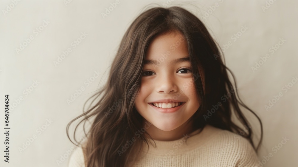 Portrait of a positively beaming brunette girl in neutral clothes, set against a beige studio background. Generative AI Portrait of a positively beaming brunette girl in neutral clothes, set against a beige studio background. Generative AI
