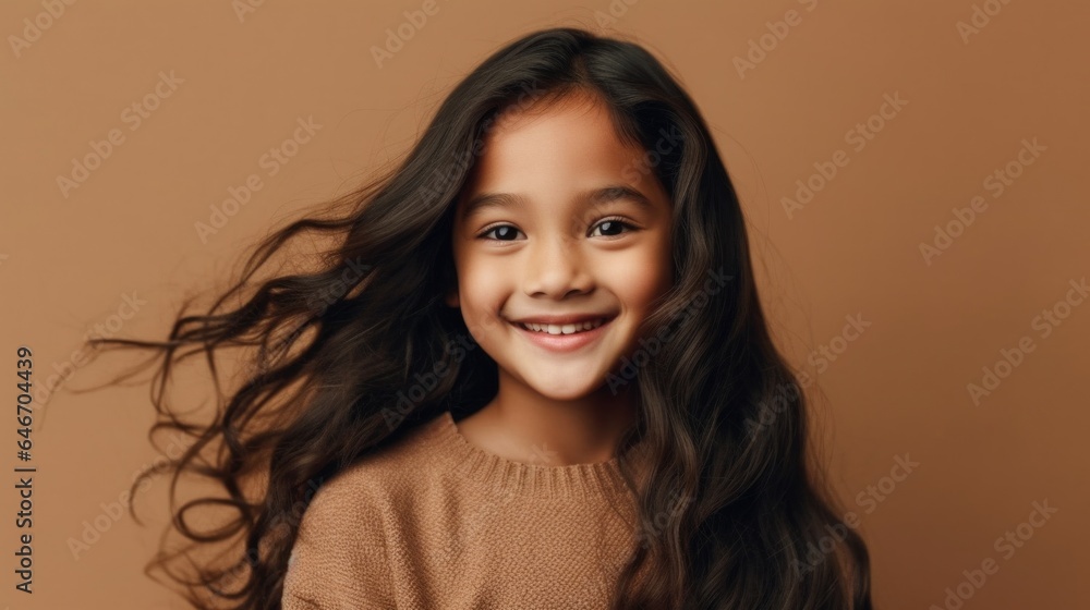 A joyful little brunette girl, donning neutral attire, showcases a beaming toothy grin against a beige studio background. Generative AI A joyful little brunette girl, donning neutral attire, showcases a beaming toothy grin against a beige studio background. Generative AI